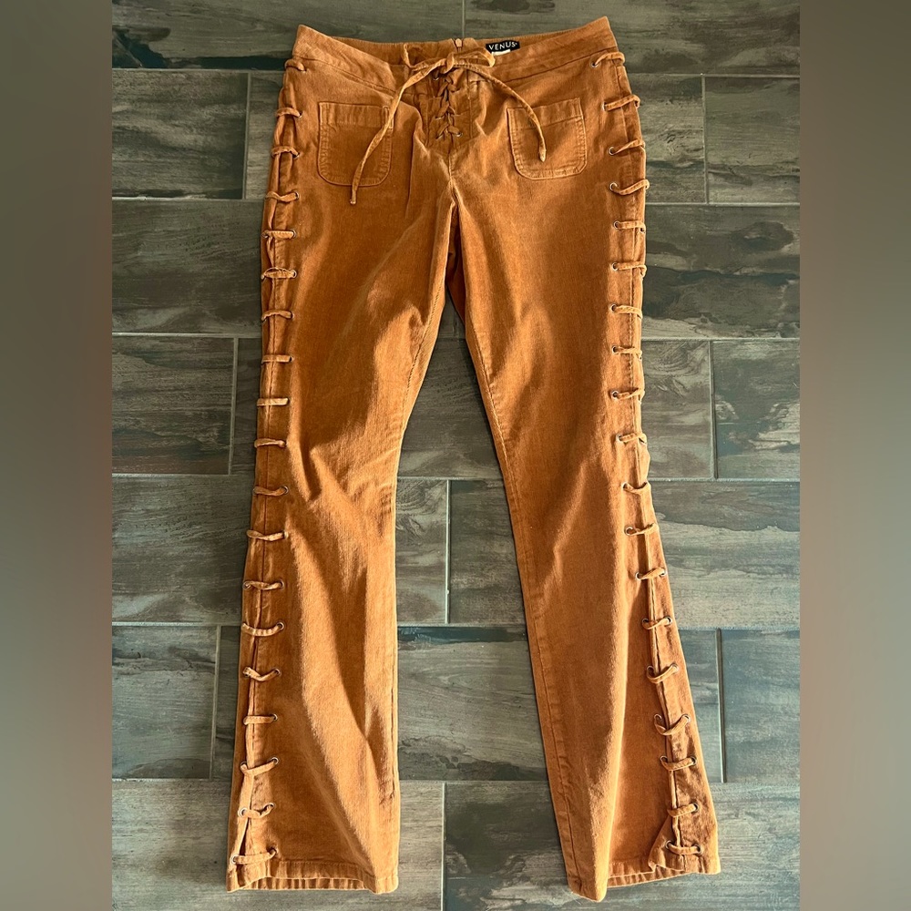 Lace-up, Back Zipper Closure Corduroy Pants, Camel. Size 12